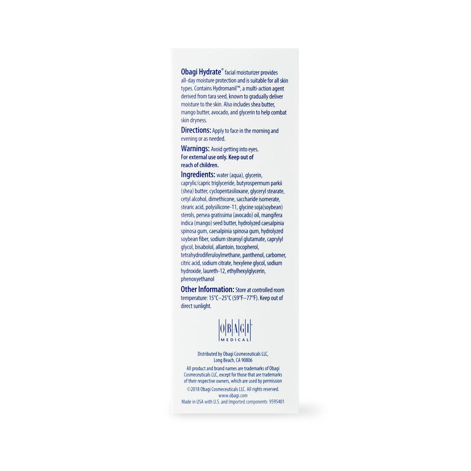 Obagi Hydrate Facial Moisturizer from MyExceptionalSkinCare.com Box Back